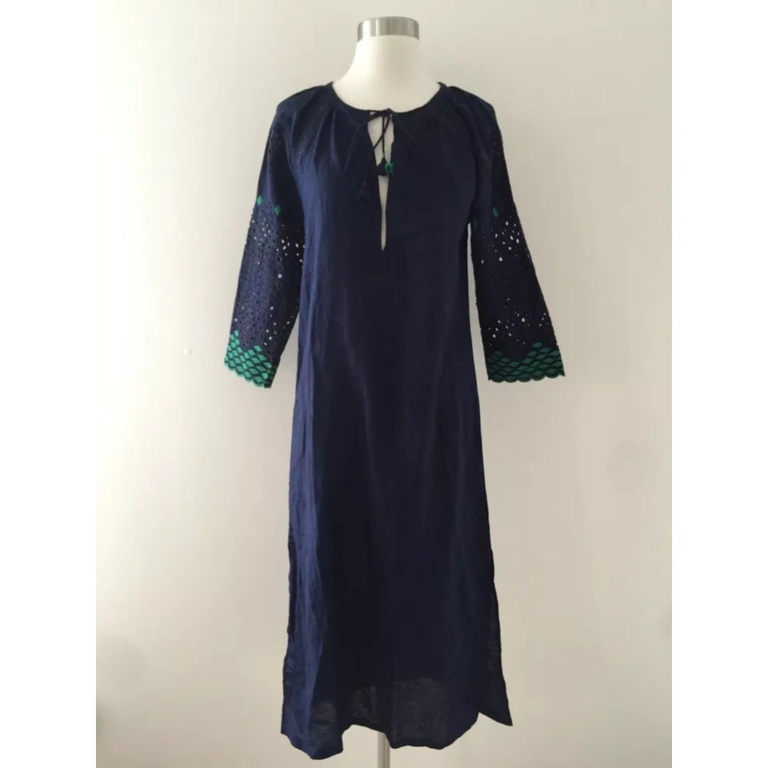 NWOT J.Crew Eyelet Caftan Embroidered Beach Cover-up, Navy, size L
