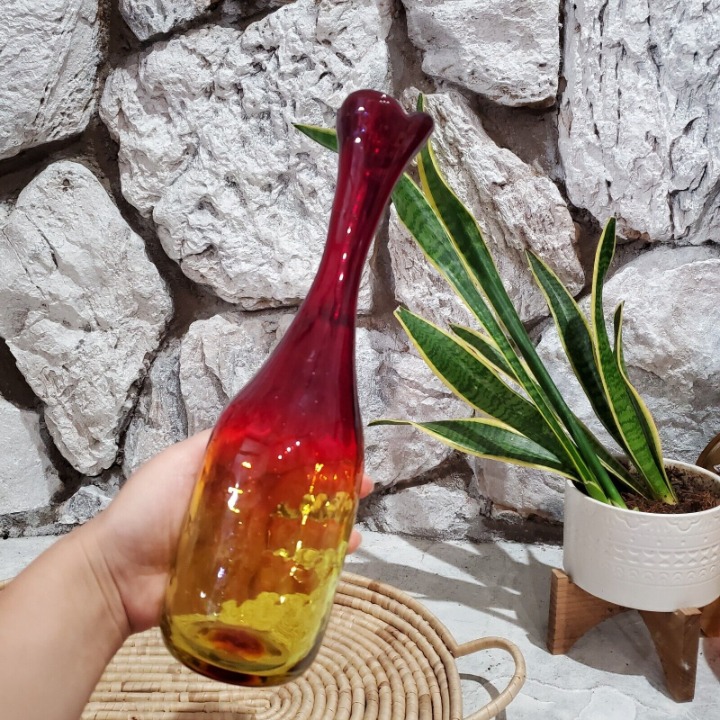 Blenko Tangerine Amberina Vase Red Yellow Orange 11 Hand Blown Glass Vintage