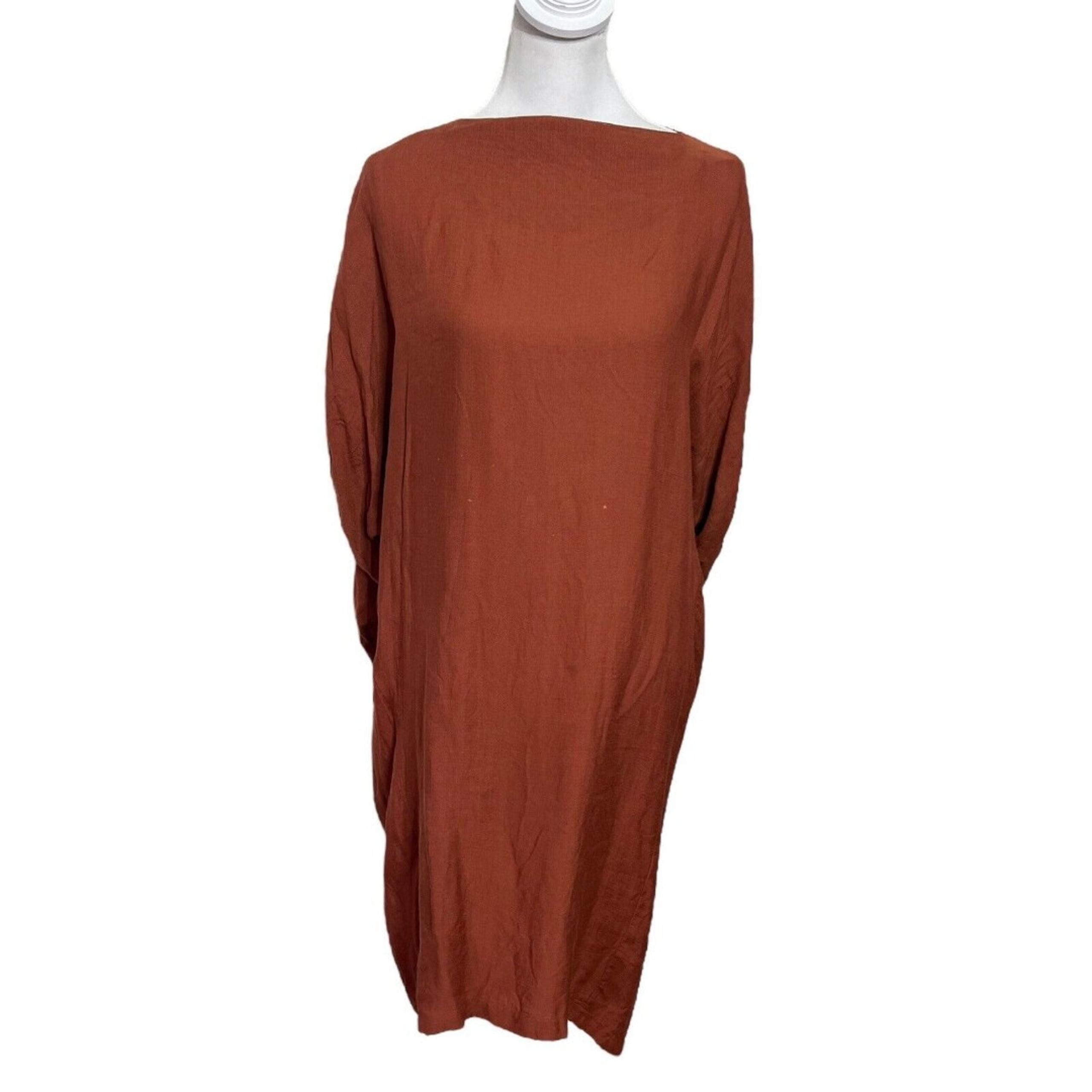 Black Crane Elastic Back Yoke Midi Dress in Brick Linen Women’s Size XS FLAWED