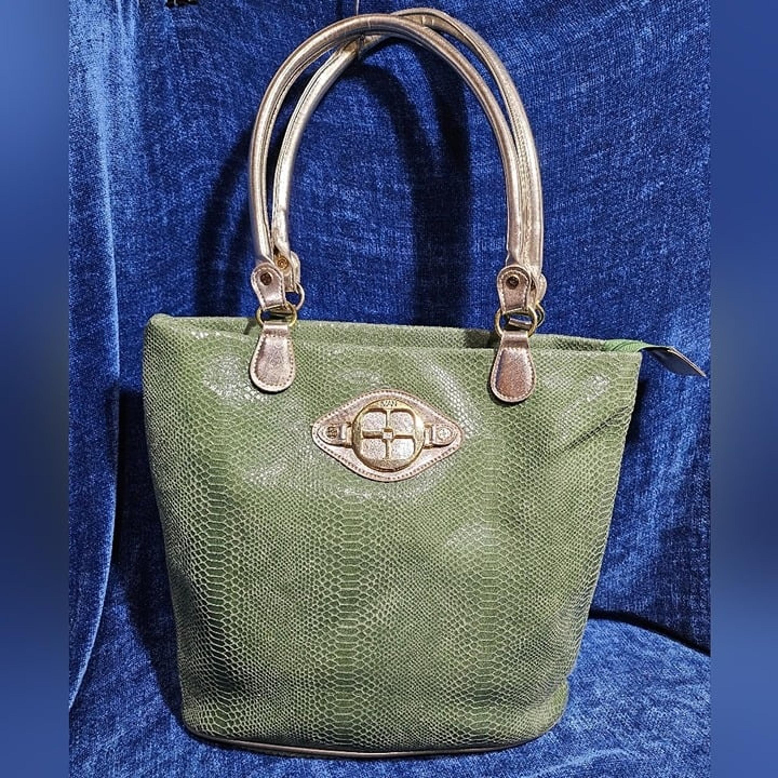 IMAN Green Snake Print Gold Hardware Tote Purse Bag