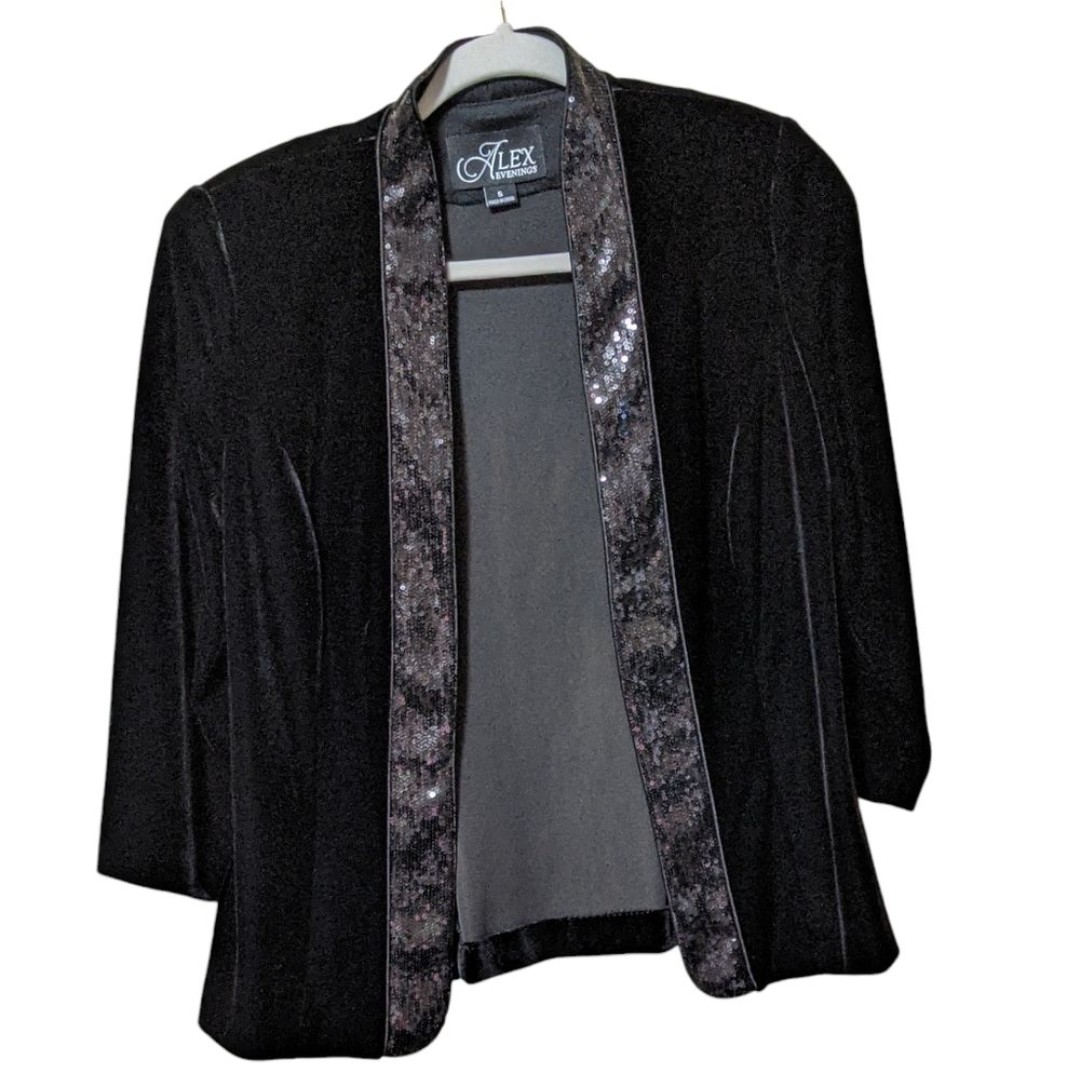 Alex Evenings 3/4 Sleeve Scoop Neck Stretch Velvet jacket Sequin detail collar S - detail