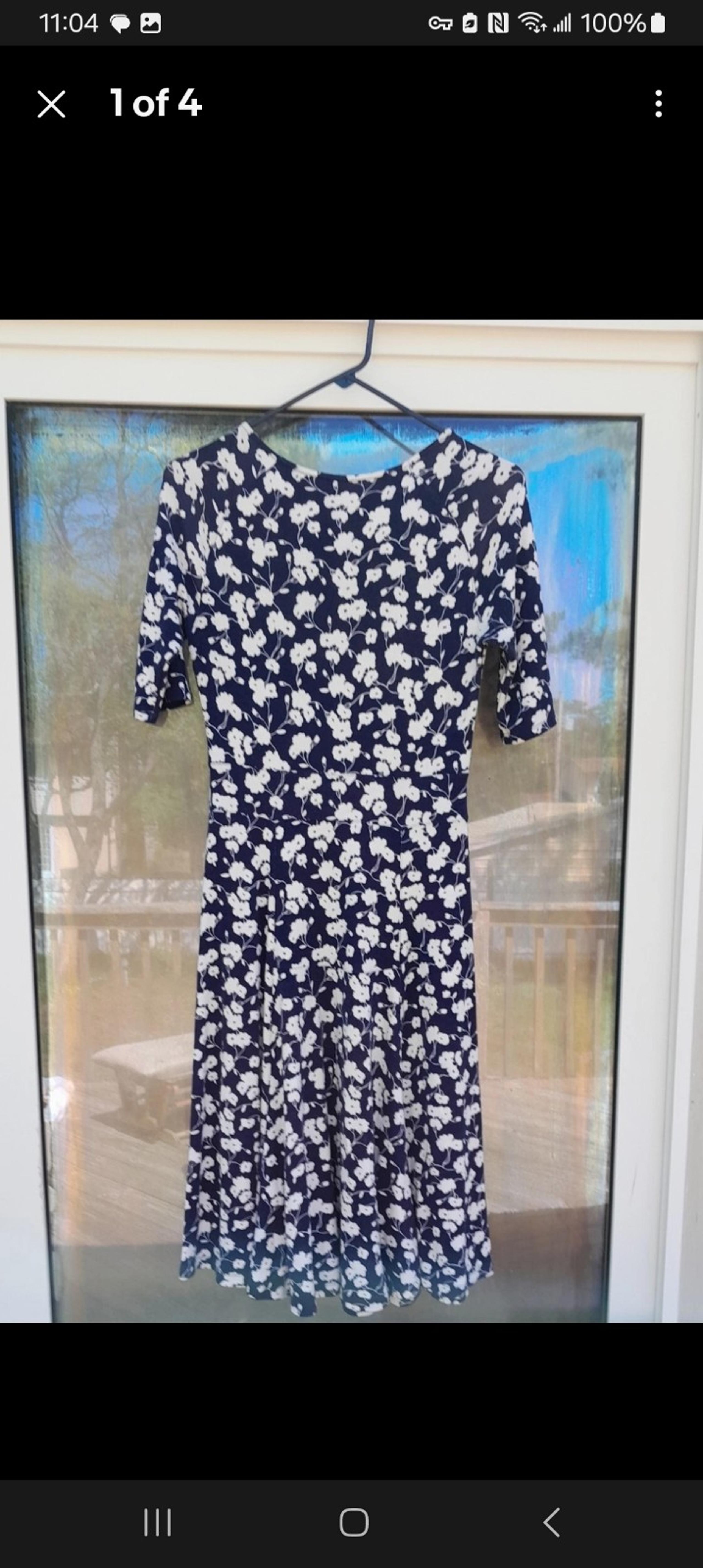 Lands End Womens Petite XS Navy Blue with Whote Floral 3/4 Sleeves Dress
