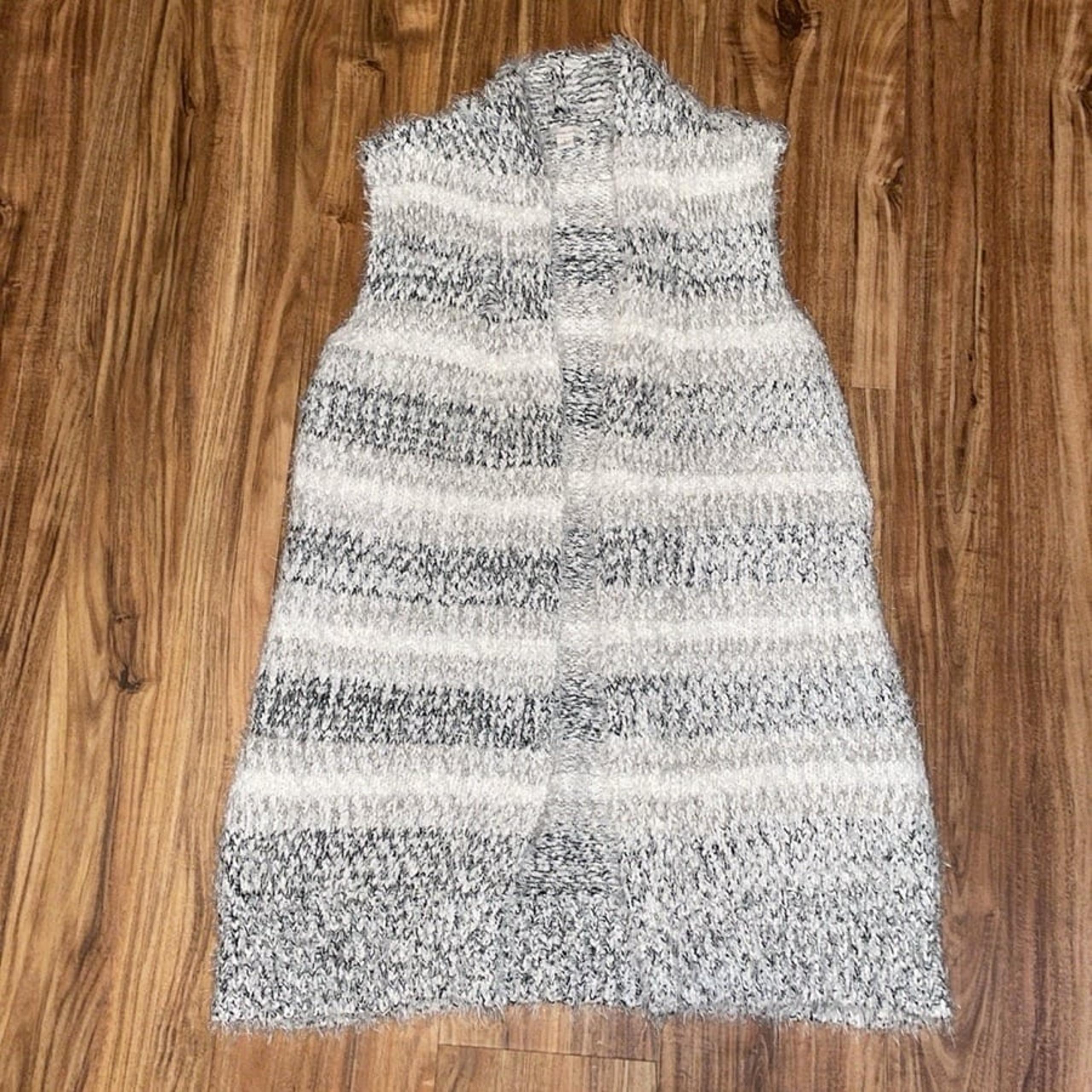 Cato womens vest Large long fuzzy  grey white sleeveless cardigan sweater stripe