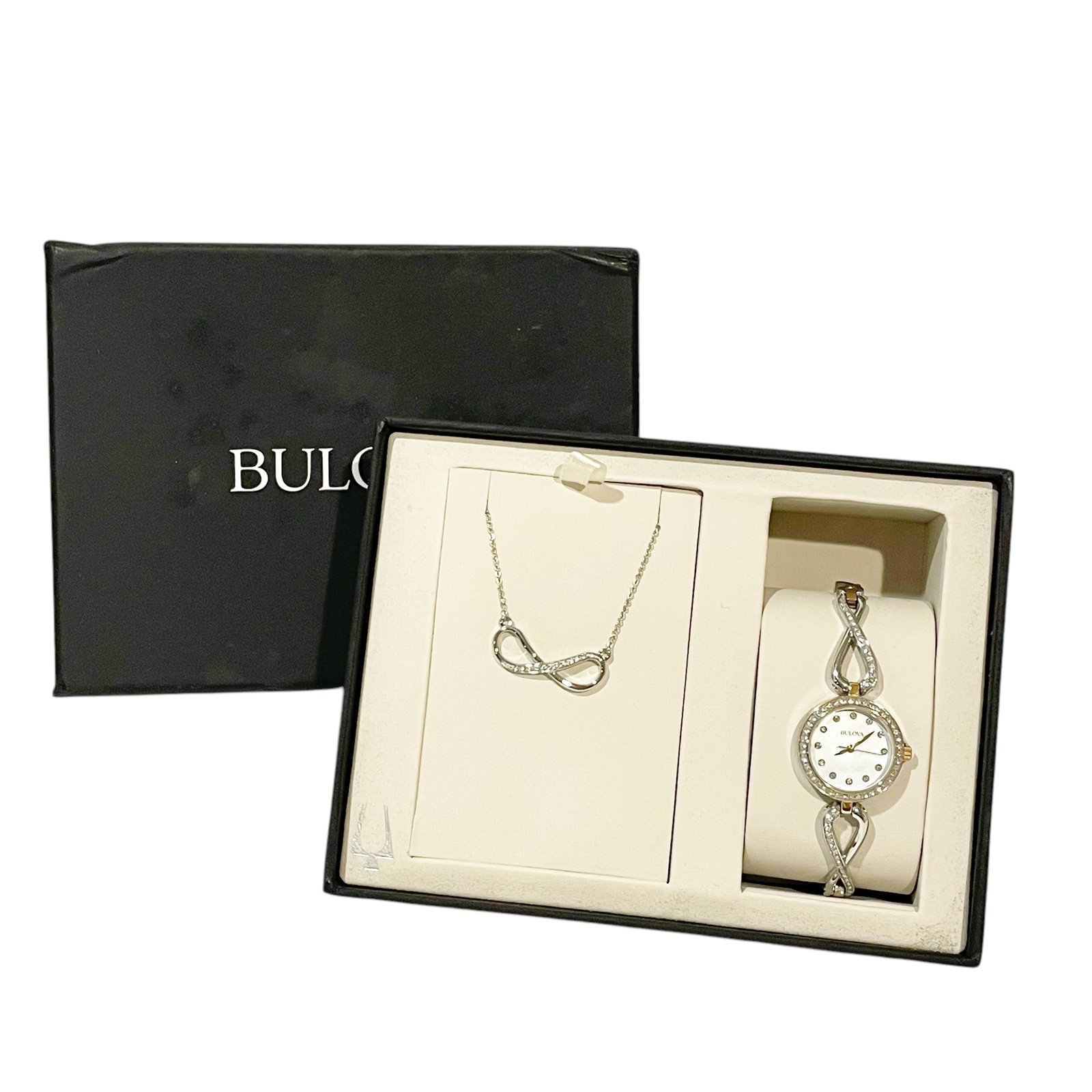 Bulova Women's Boxed Gift Set Stainless Steel Watch 18” Necklace Set CZ NEW