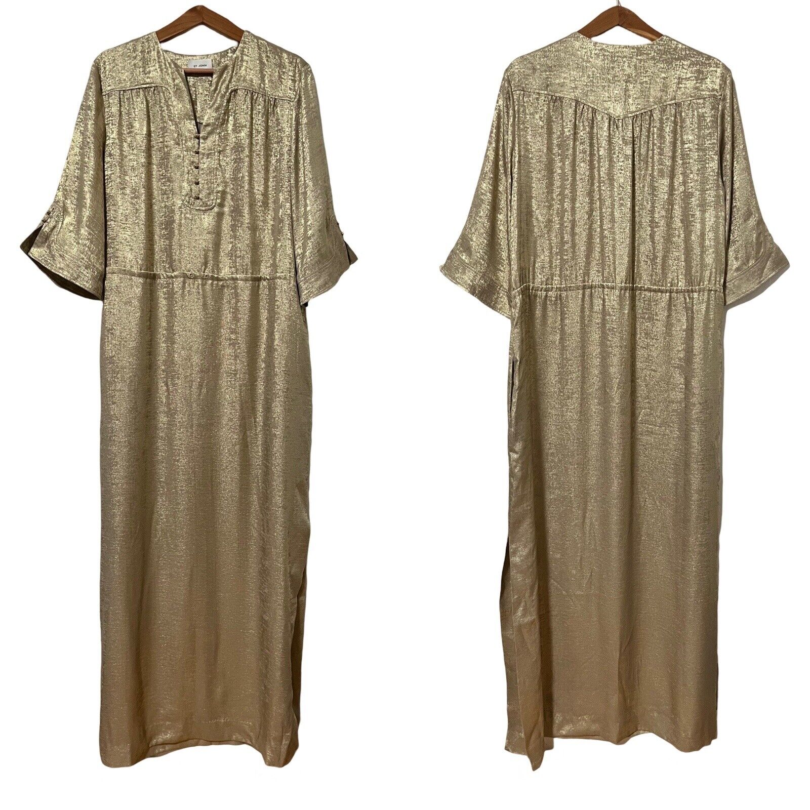 St. John Metallic Champagne V Neck Gown Size L Side Slit Luxe Maxi Dress - FLAWS