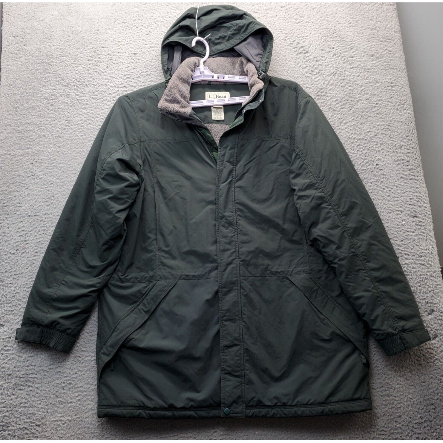 L.L. Bean Jacket Mens XL Green Sherpa Lined Removeable Hood Hook & Loop & Zip Up