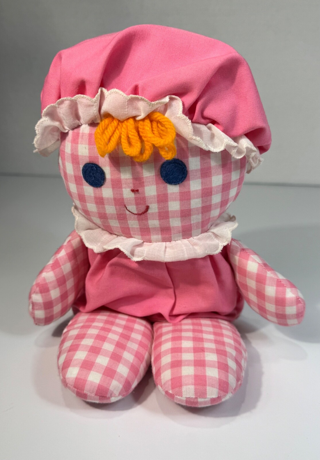 Vintage Fisher Price Lolly Dolly 12 Inch Plush Pink Gingham Baby Rattle 420 1975