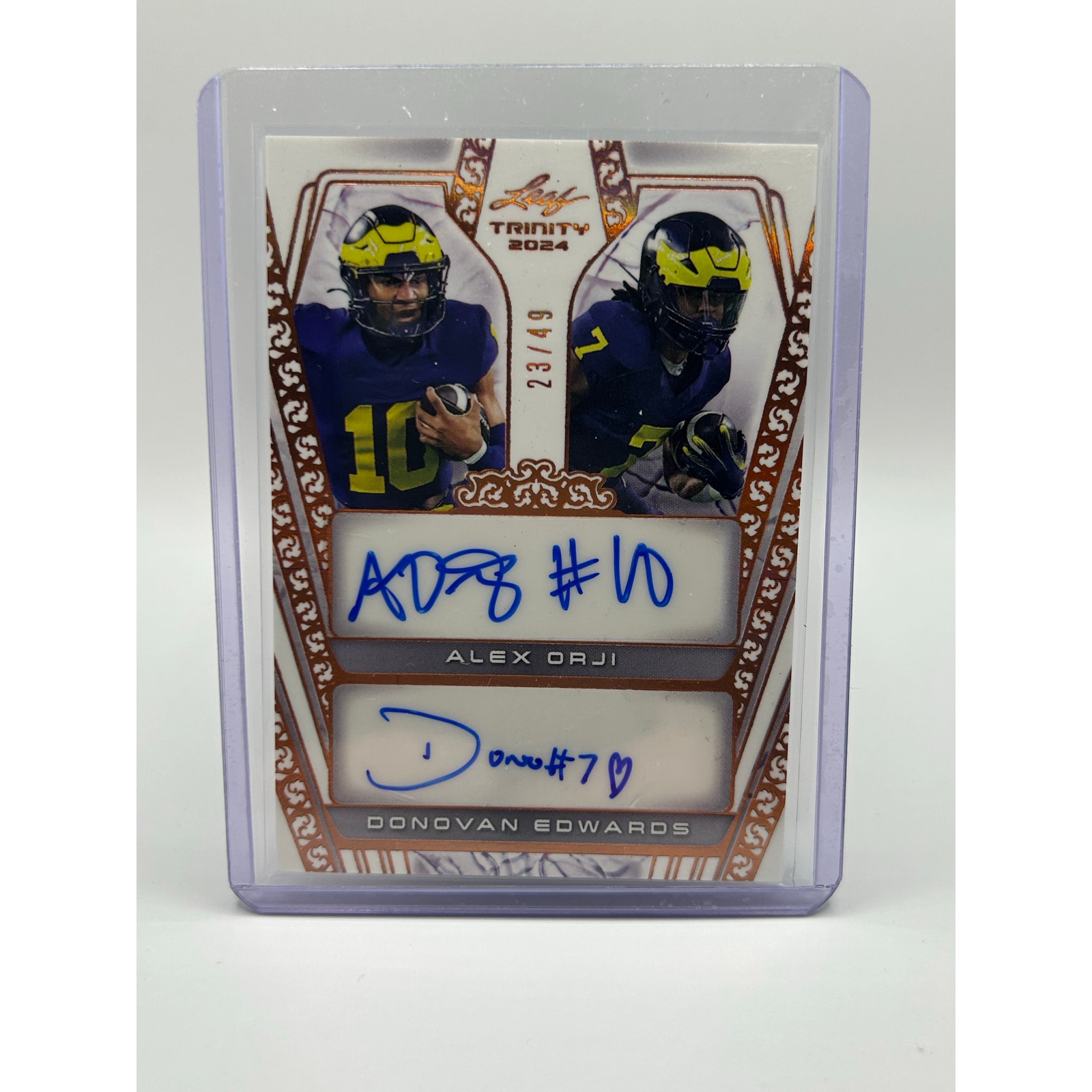 2024 Leaf Trinity Alex Orji Donovan Edwards Bronze Dual Auto 23/49 SP Michigan