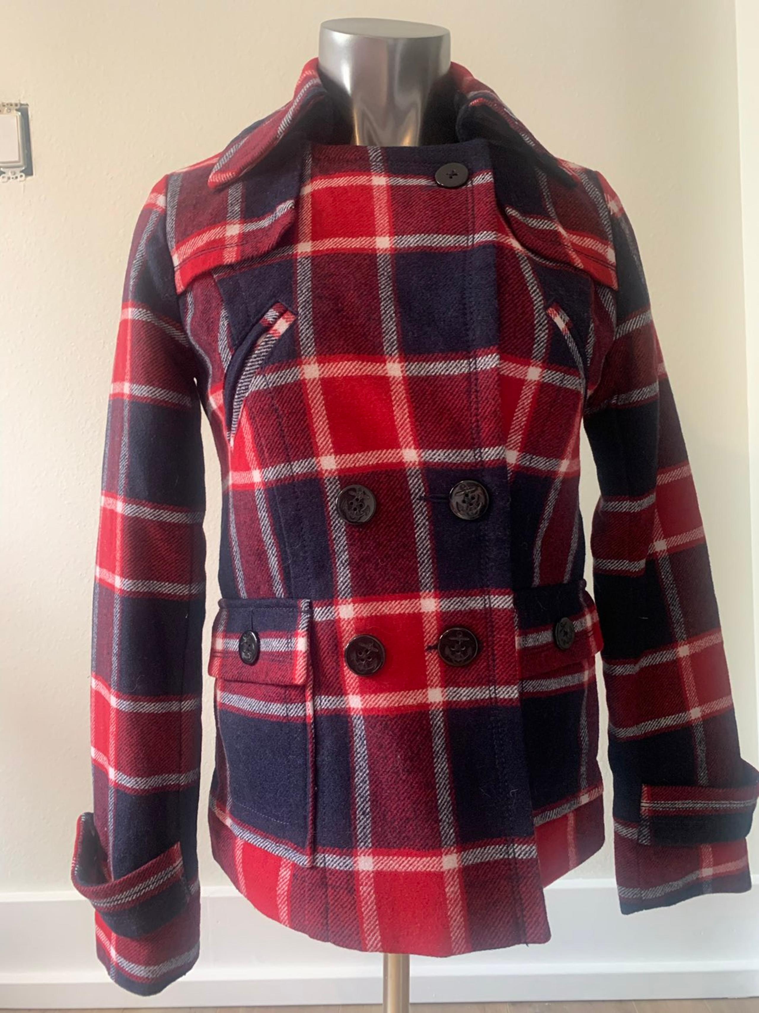 American Eagle Plaid Wool Blend Coat Womens Small  Peacoat Red Blue. # Cold Fall