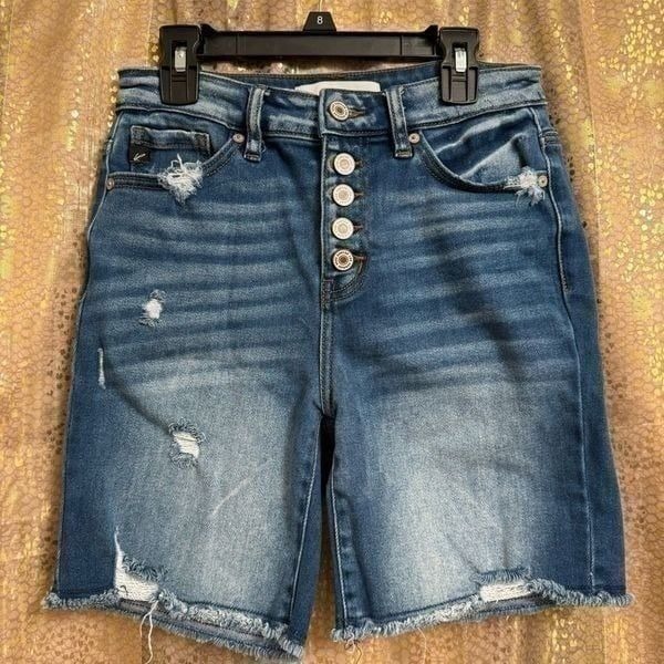 KanCan Women's Moss High Rise Button Fly Distressed Bermuda Shorts Small