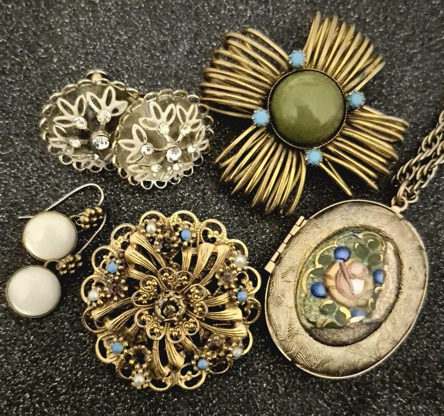 Vintage GUILLOUCHE locket necklace* Unique brooch lot w earring bundle of 5