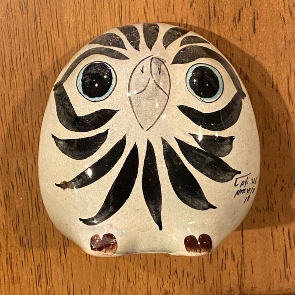 Vintage Tonala Mexican Art Pottery Owl Hand Painted Two Sided Signed