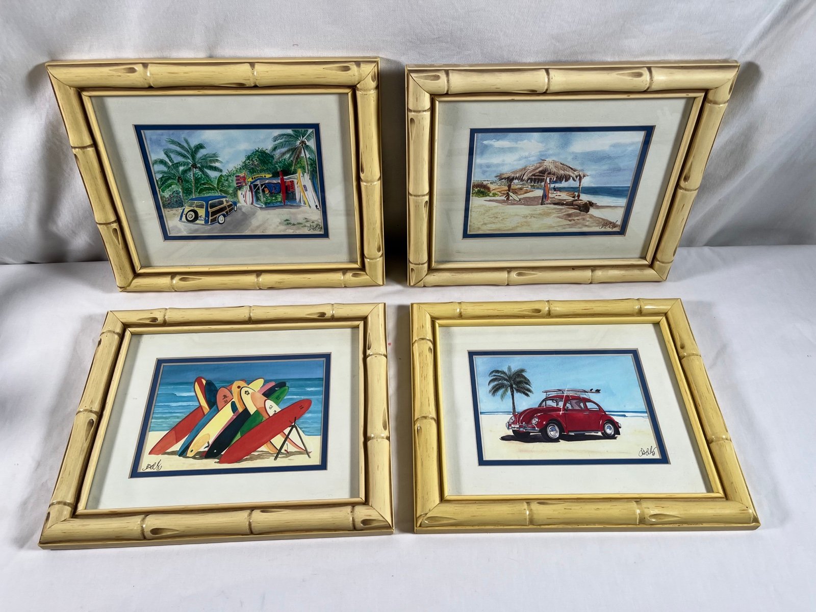 (4) Beach Car Watercolor Painting Signed Sharon Quick Framed 27282930