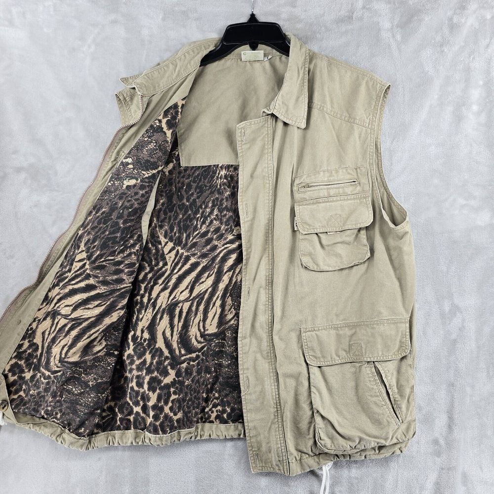 Vintage safari travel vest 100% cotton Size Large Multi Pockets Full Zip
