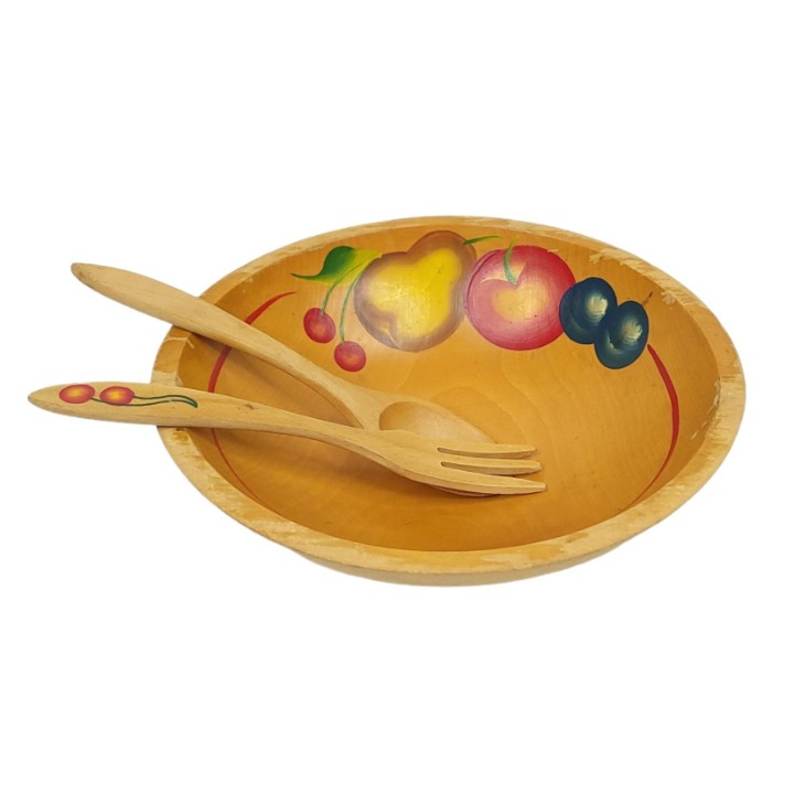Vintage Wooden Salad Bowl Utensils Cherries Pear Apple Plums Hand Painted Oval
