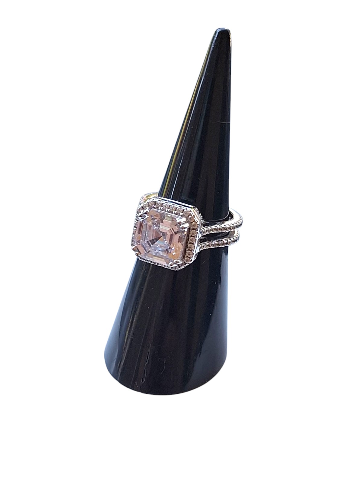 Sterling Silver JCL Asscher Cut Halo Set Cubic Zirconia Solitaire Ring SZ 4.75