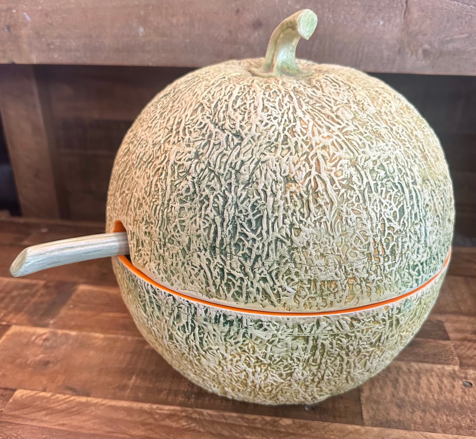 Cantaloupe Melon Tureen Covered Punch Bowl w/ Ladle Majolica Casserole