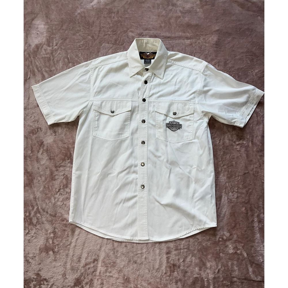 Harley Davidson All American Legend Snap Up White Shirt Short Sleeve Sz Small