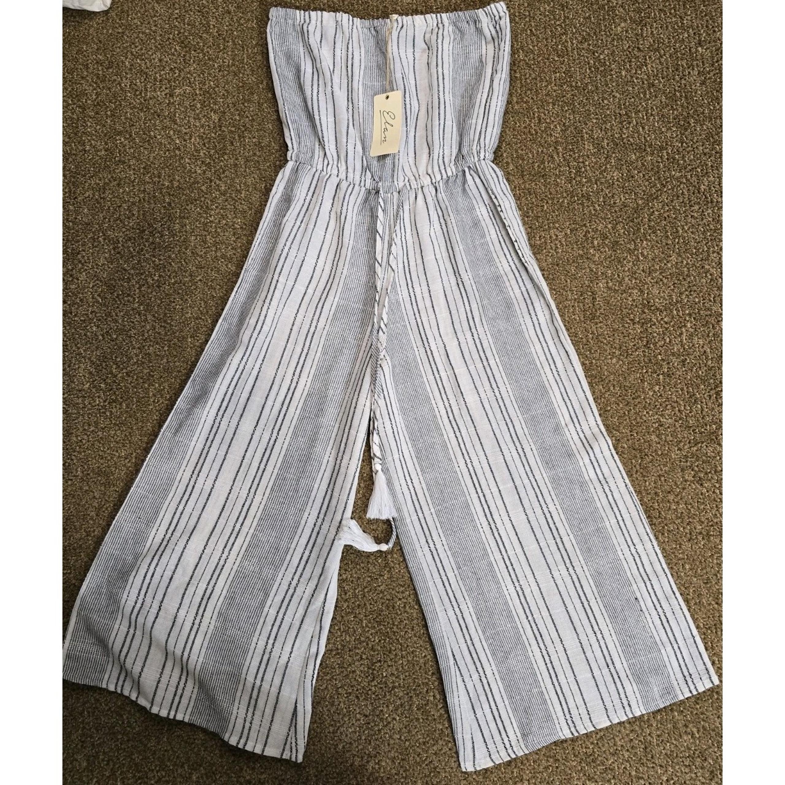 ELAN SMALL  Black Beige Striped Linen Strapless Wide Leg Cropped Jumpsuit Lounge