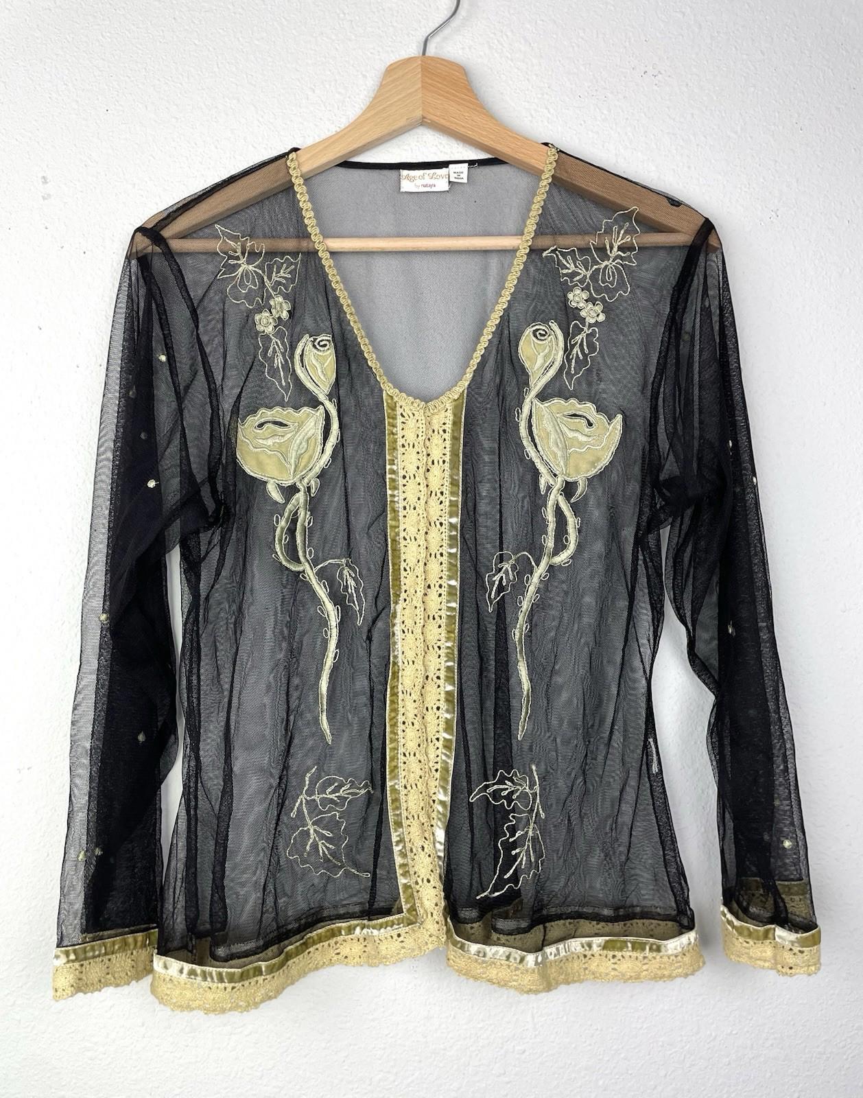 Nataya Age Of Love Black Mesh Embroidered Rose Blouse Crochet Velvet Trim SM/MD