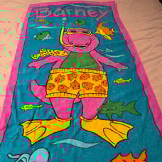 Barney Beach towel, purple dinosaur Vintage 1992 Vibrant Dino Snorkel fish ocean