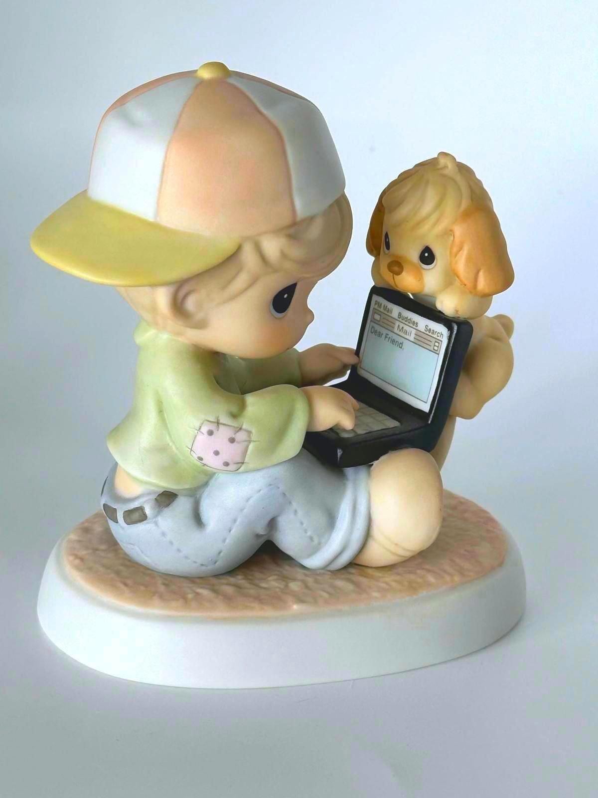 Precious Moments Cute Boy With Laptop and Puppy Writing To A Dear Friend Figurin