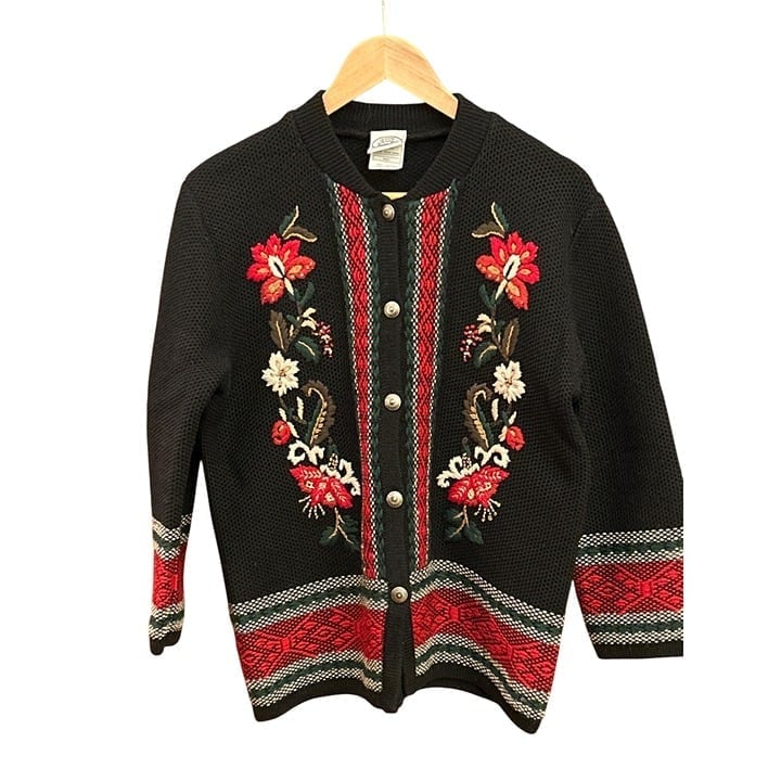 Vintage Laura Ashley Black Floral Embroidered Cardigan Sweater Size Small 1990s