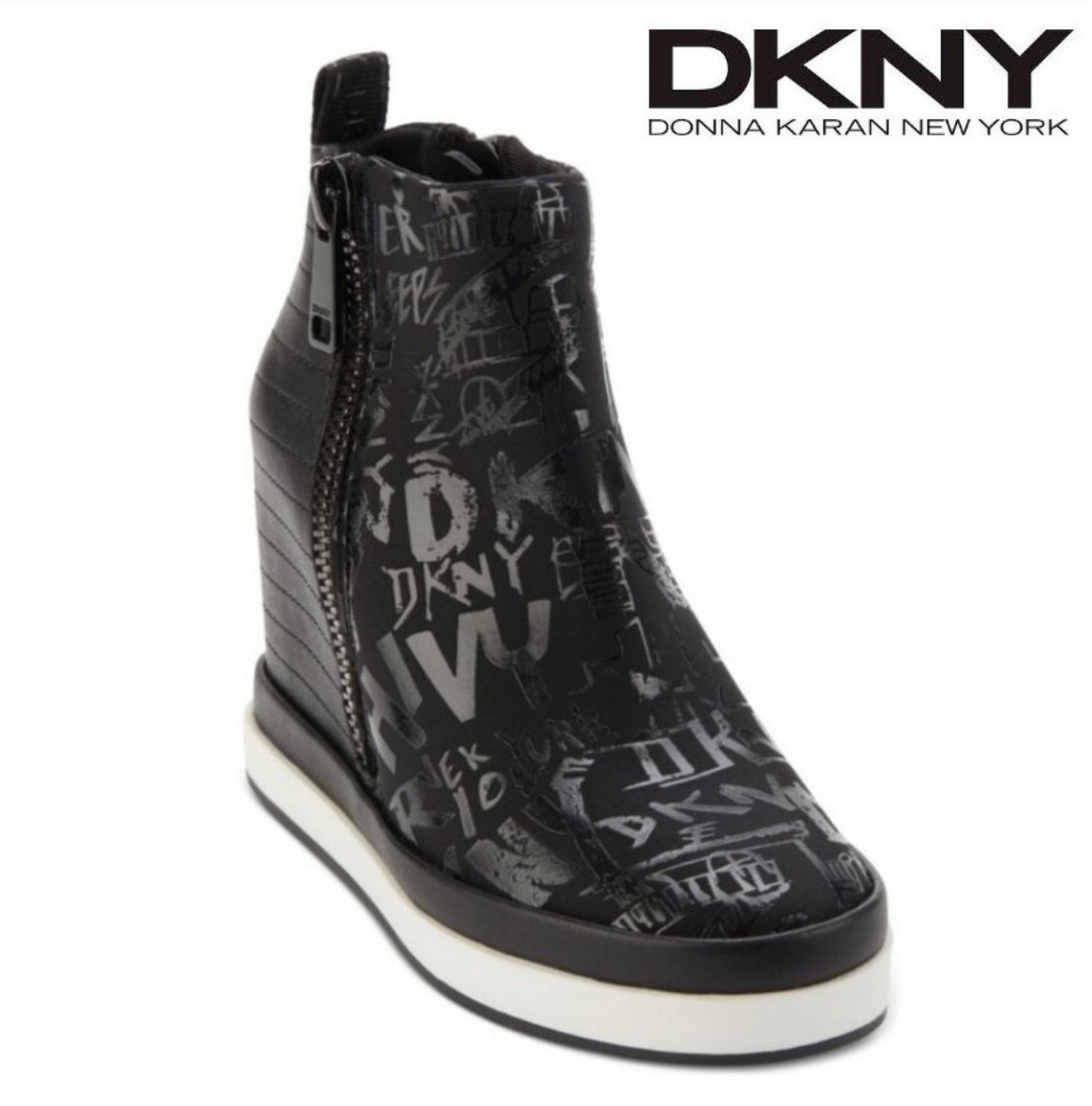 NIB DKNY Samar zip wedge sneaker bootie size 9, black / shiny black