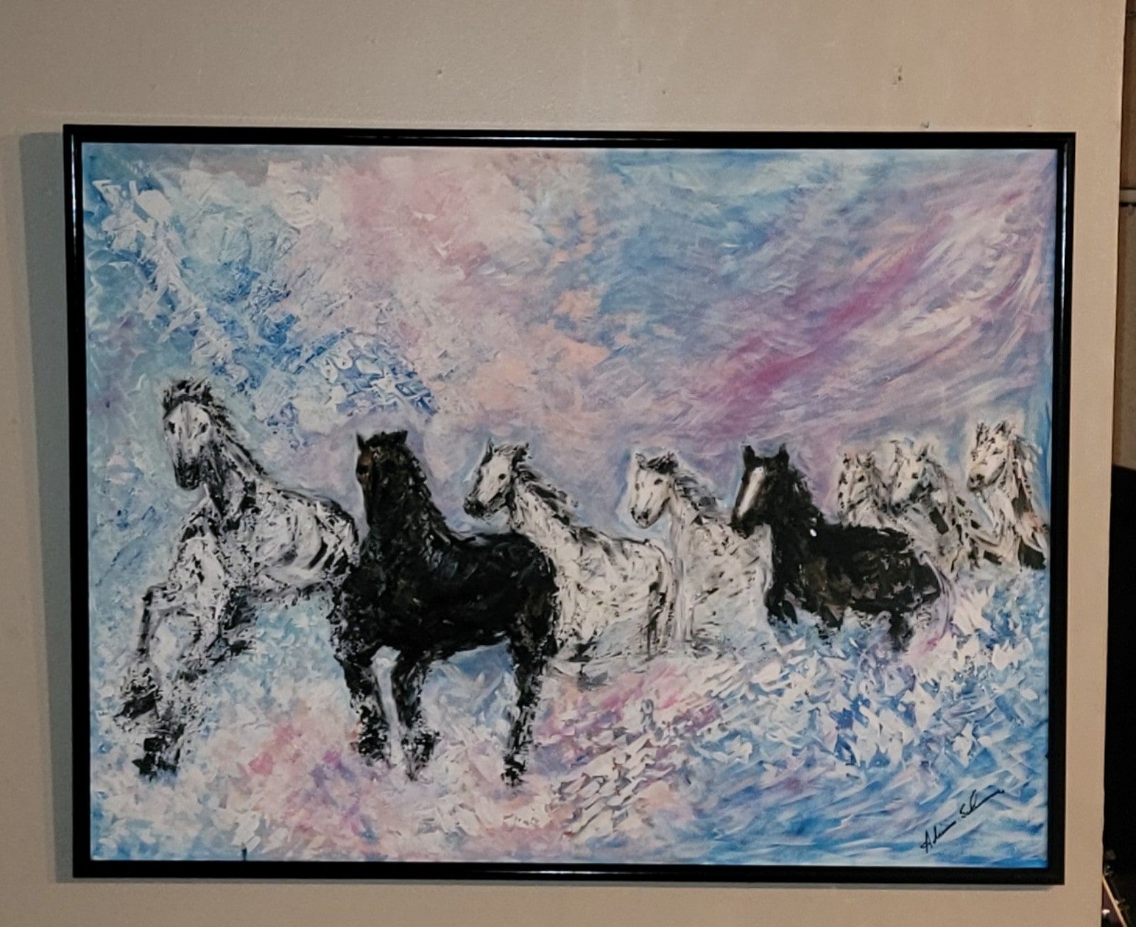 BEAUTIFUL VINTAGE MUSTANG HORSES OIL ON CANVAS PAINTING SIGNED 31X41 FRAMED