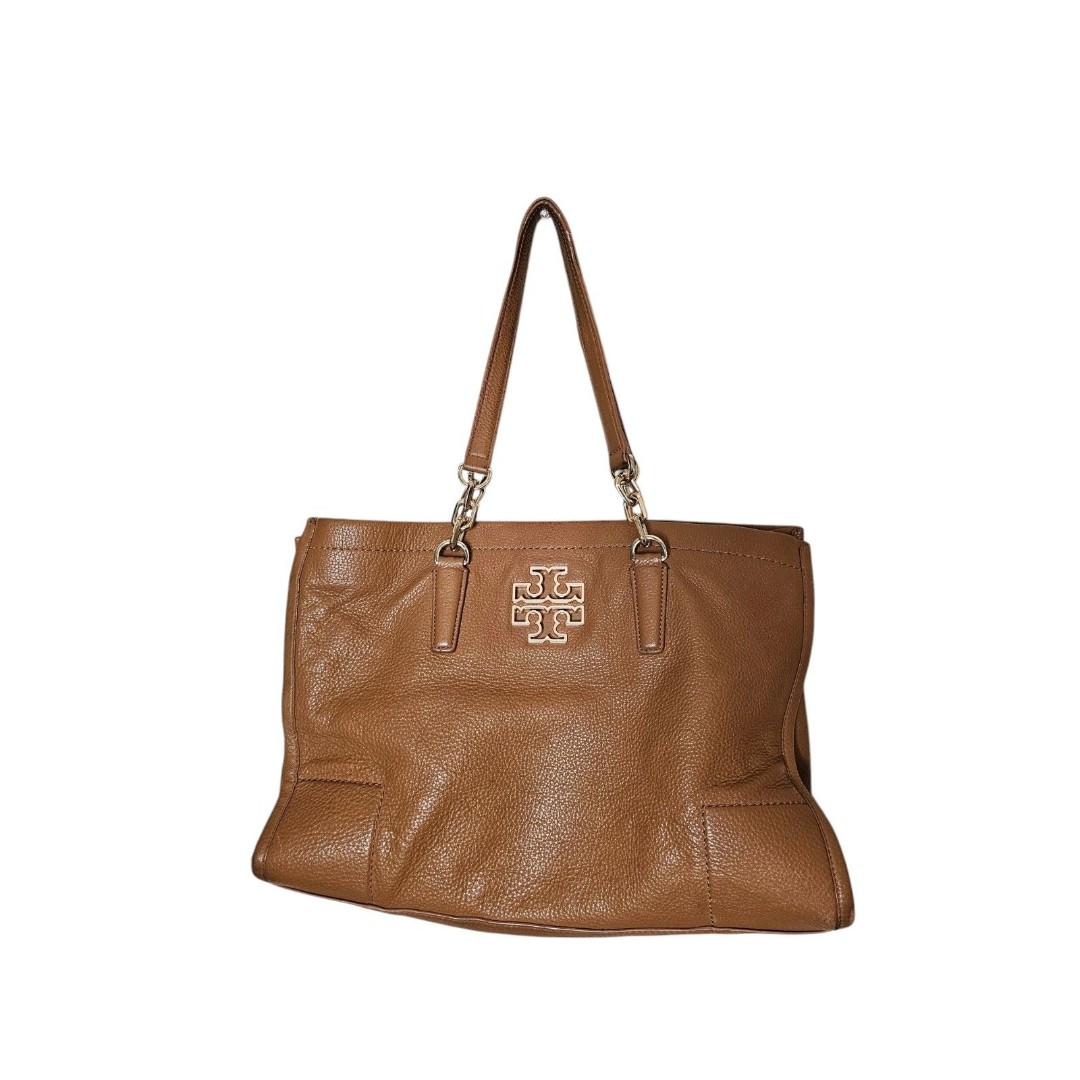 Tory Burch TB Britten Cognac Brown Pebbled Leather Slouchy Tote Shoulder Bag