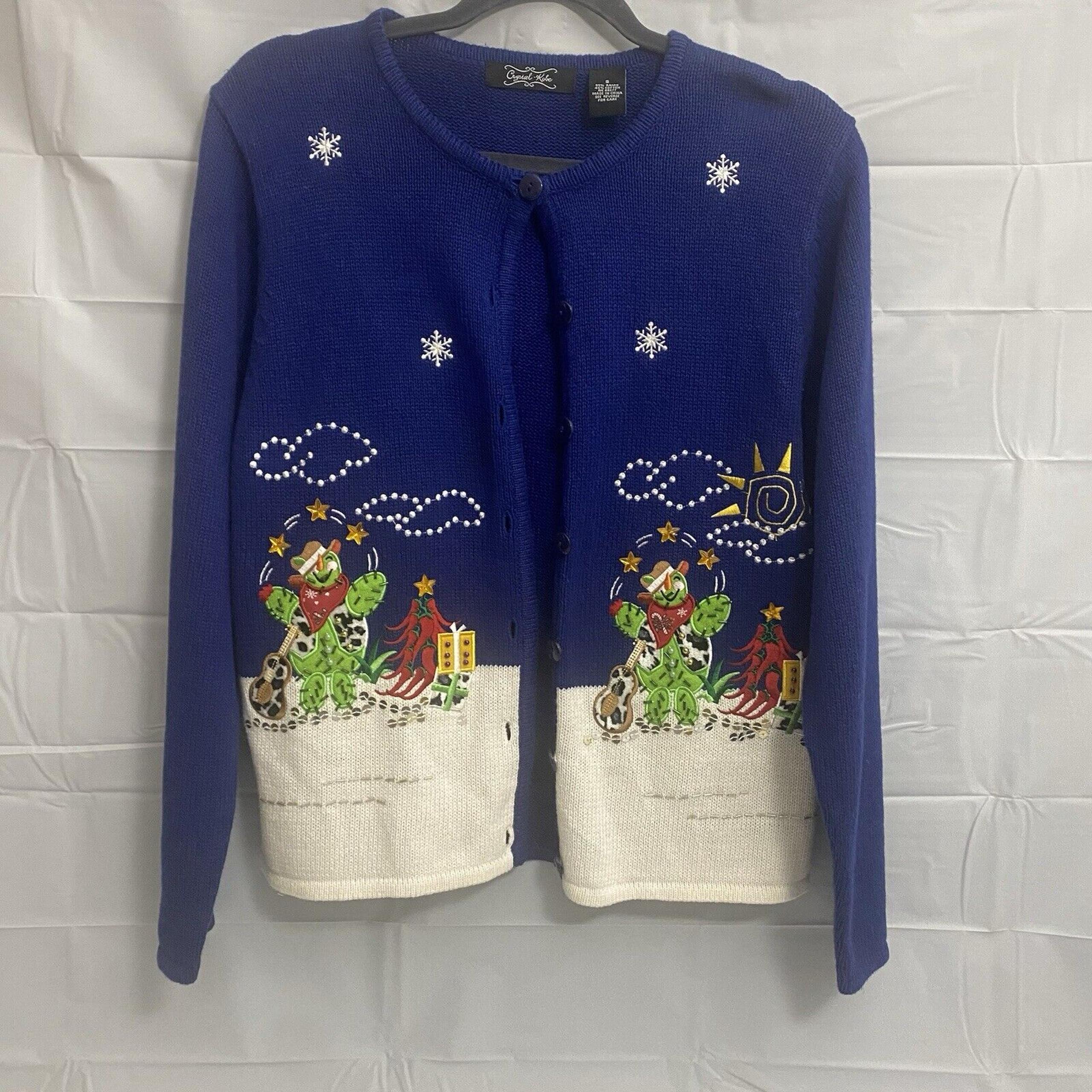 CRYSTAL KOBE WOMANS Sz S BLUE KNIT SWEATER CARDIGAN CHRISTMAS CACTUS (132)
