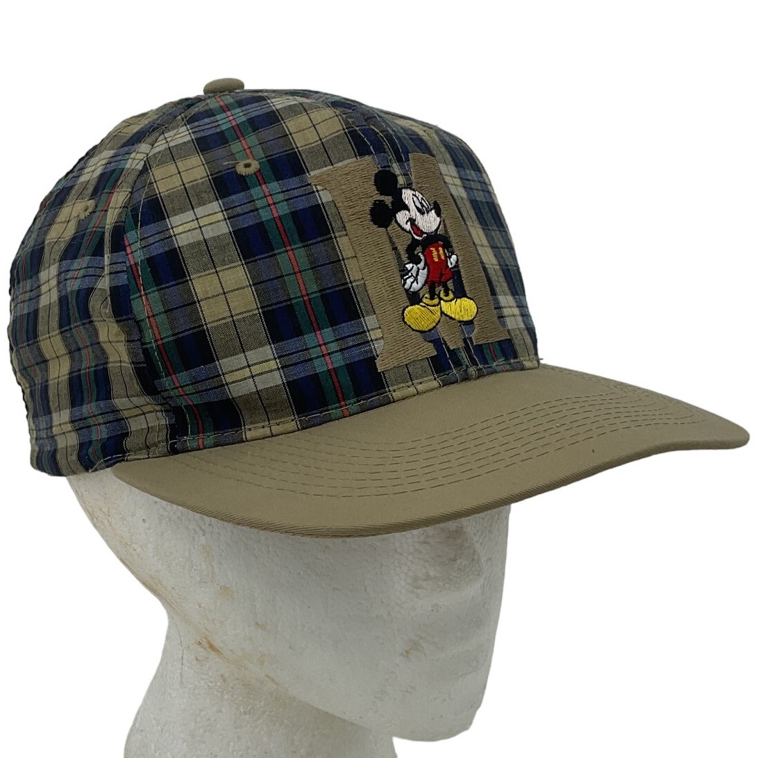 Vintage Mickey Unlimited Beige Mickey Mouse Embroidered Plaid Snapback Hat Mens