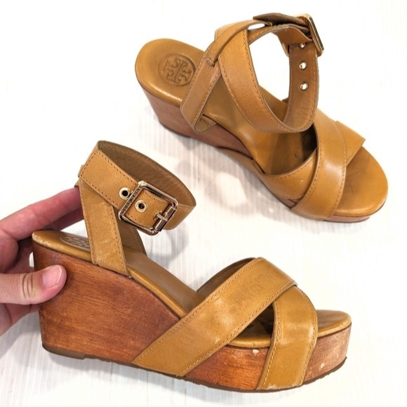 TORY BURCH women's tan leather strappy wedge platform sandals