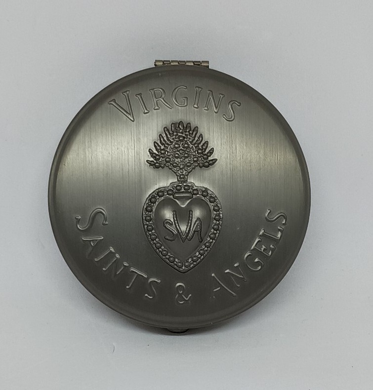 VSA Virgins Saints & Angels Gray Metal Jewelry Case Compact Mirror Snap Closure