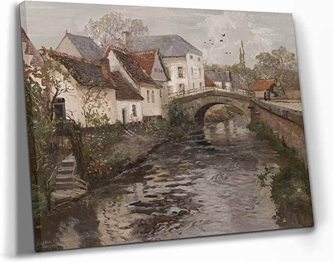 Vintage Village Oil Painting - Vintage Country House wall art Mute river Printed