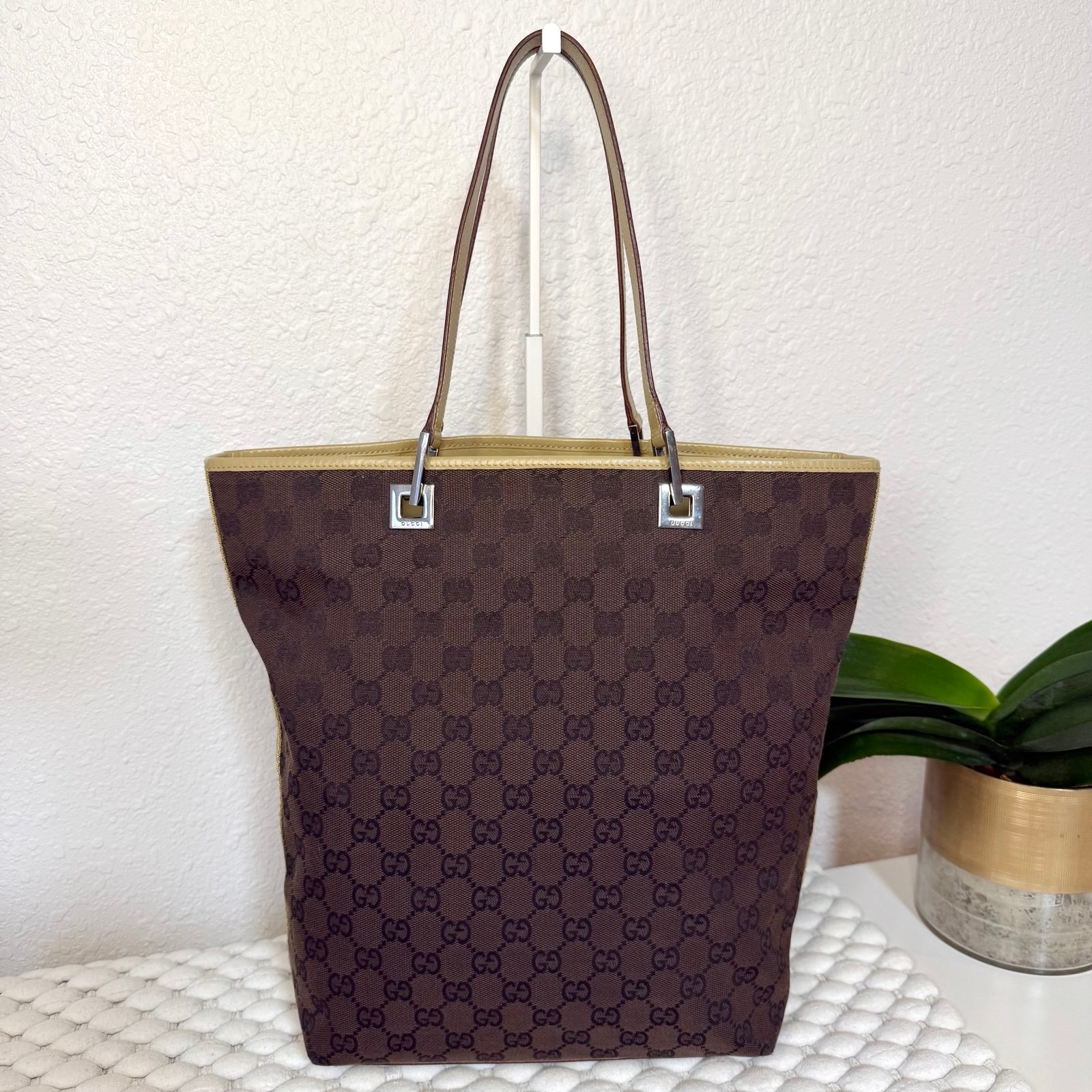 GUCCI GG Tote Shoulder Bag Web Canvas Dark Brown