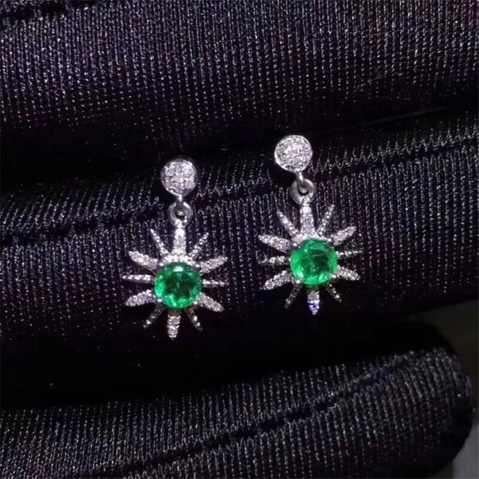Natural Emerald Star Dangle Earrings, Genuine Emerald Earrings Platinum Plated