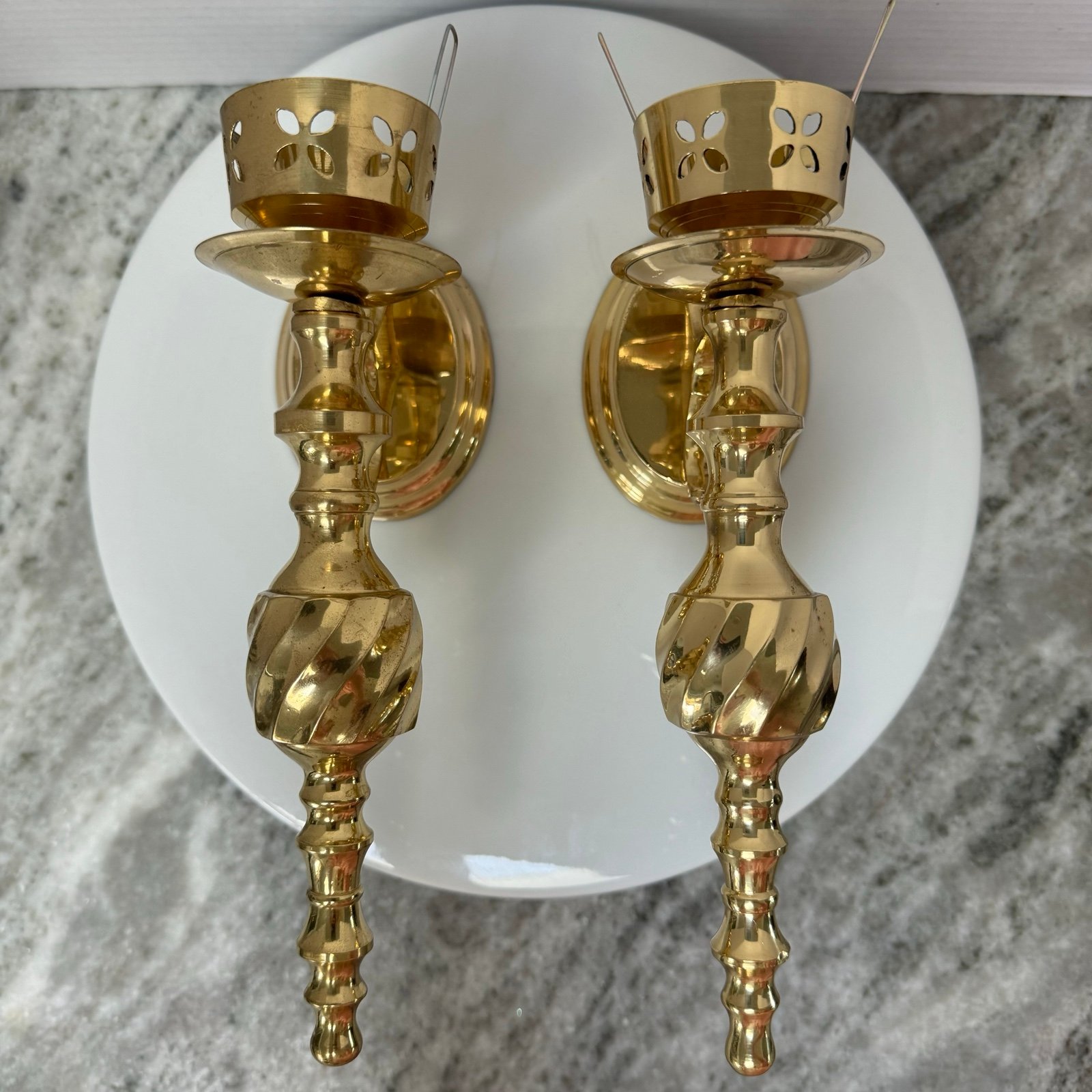 Vintage 2 Brass Candle Sconces Shiny Brass 9.5 Tall Candlesticks