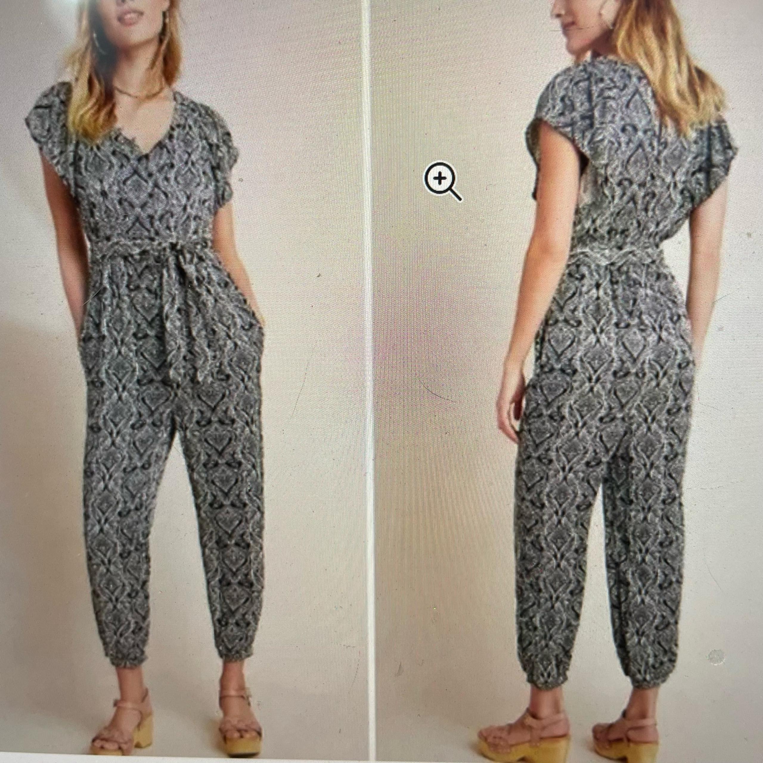 By Anthropologie Black Tan Geometric Floral Short Sleeve Cropped Jumpsuit 2