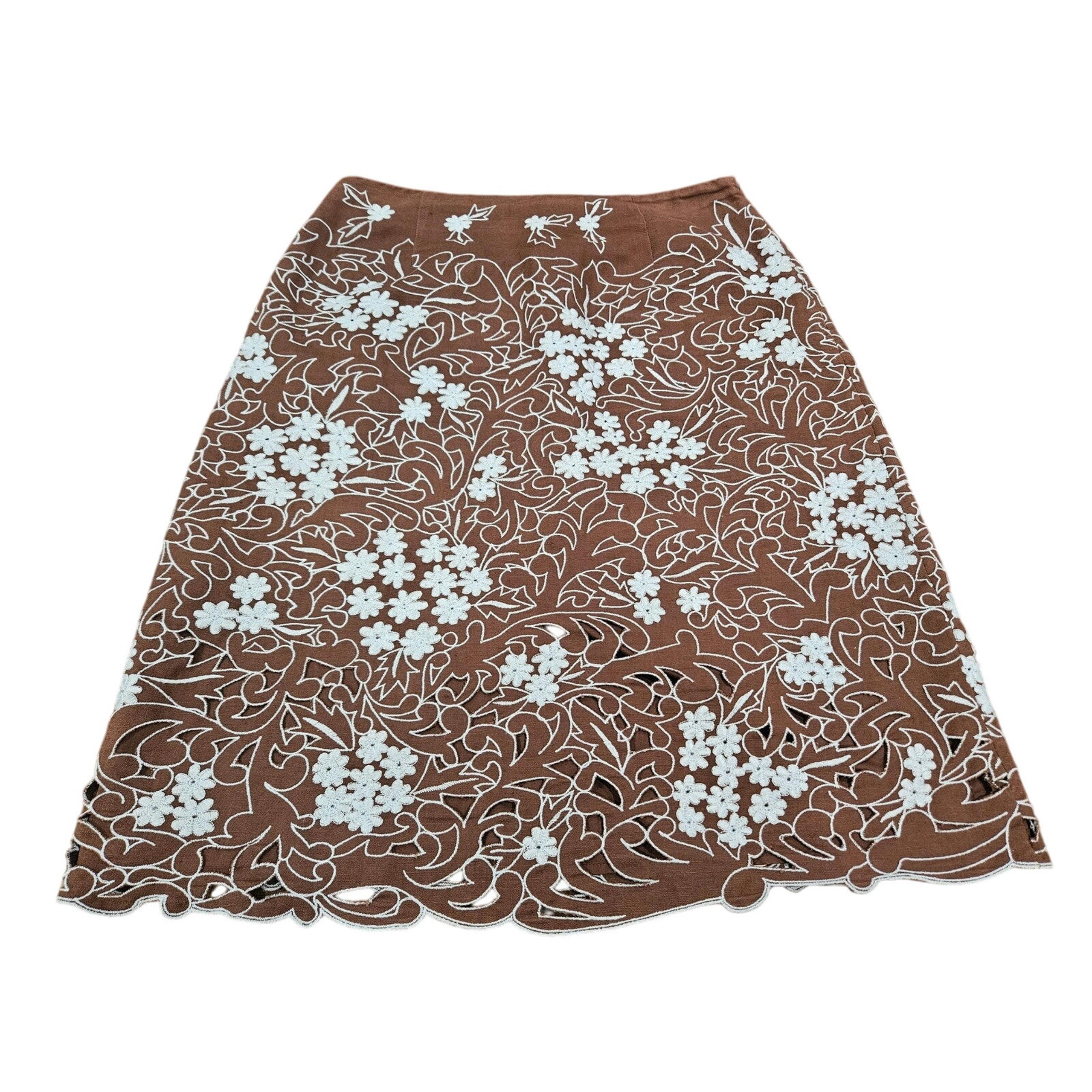 Vintage 90's y2k Harold's Embroidered Linen Pencil Straight Skirt 6 Boho Brown