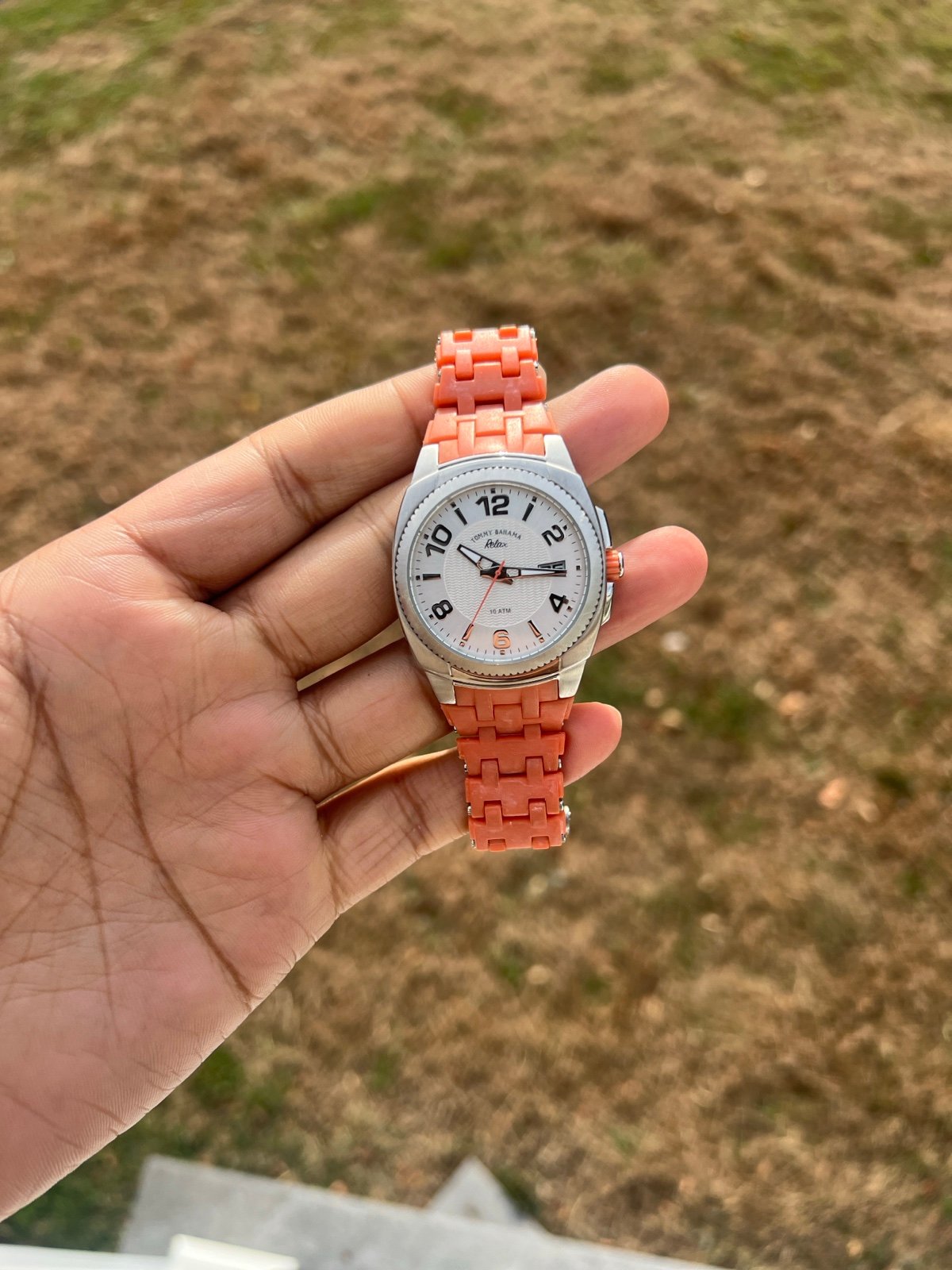 Tommy Bahama Relax Watch Women 36mm Date Silver Tone with Orange strap