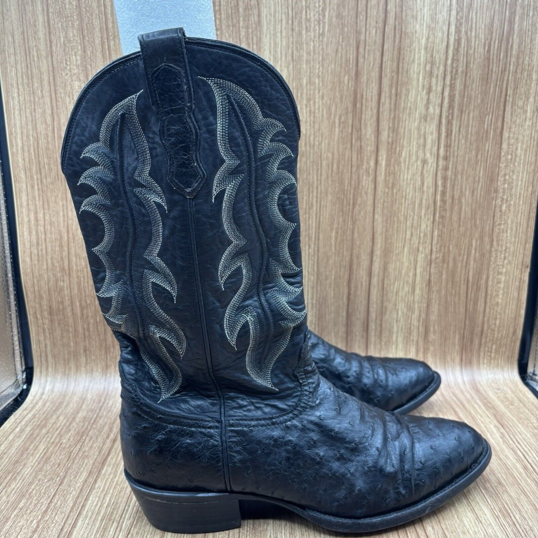 Nocona Full Quill Ostrich Black Leather Men's Exotic Western Boots Size 9.5 D