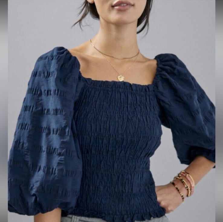 Anthropologie Maeve Bree Milkmaid Smocked Puff Sleeve Cute Cropped Blouse Sz XL