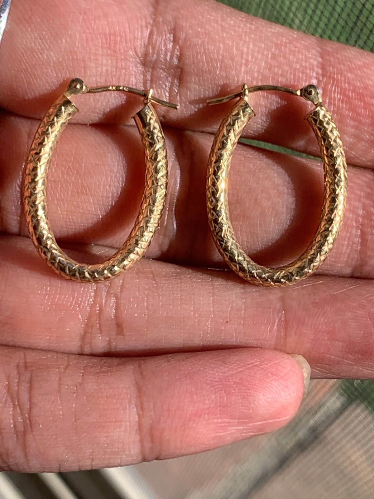 14k Gold Etched Oval Shaped Hoops