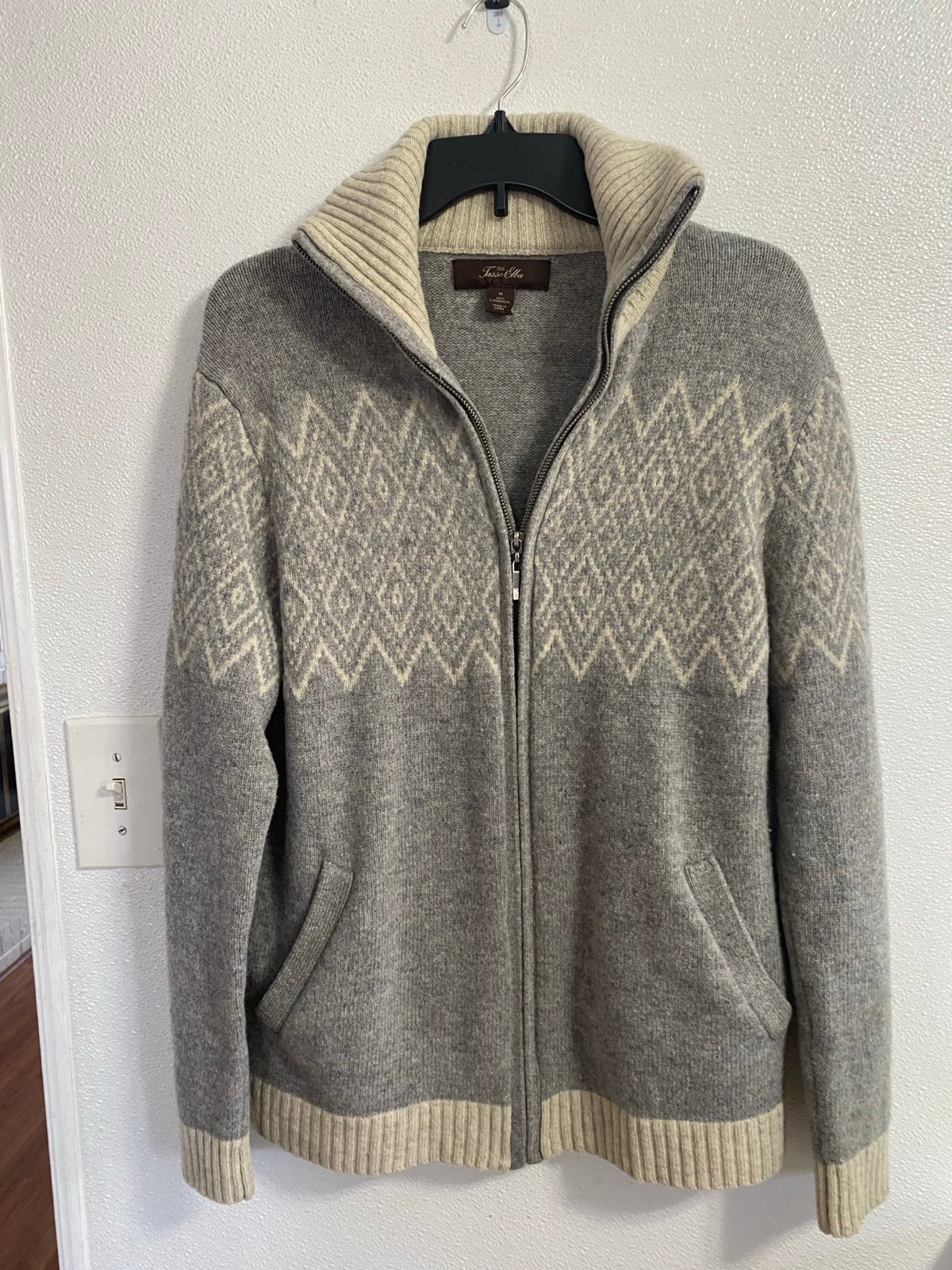 Tasso Elba Cardigan Mens M Wool Tan Ribbed Sweater zipper Shawl Neck Vintage