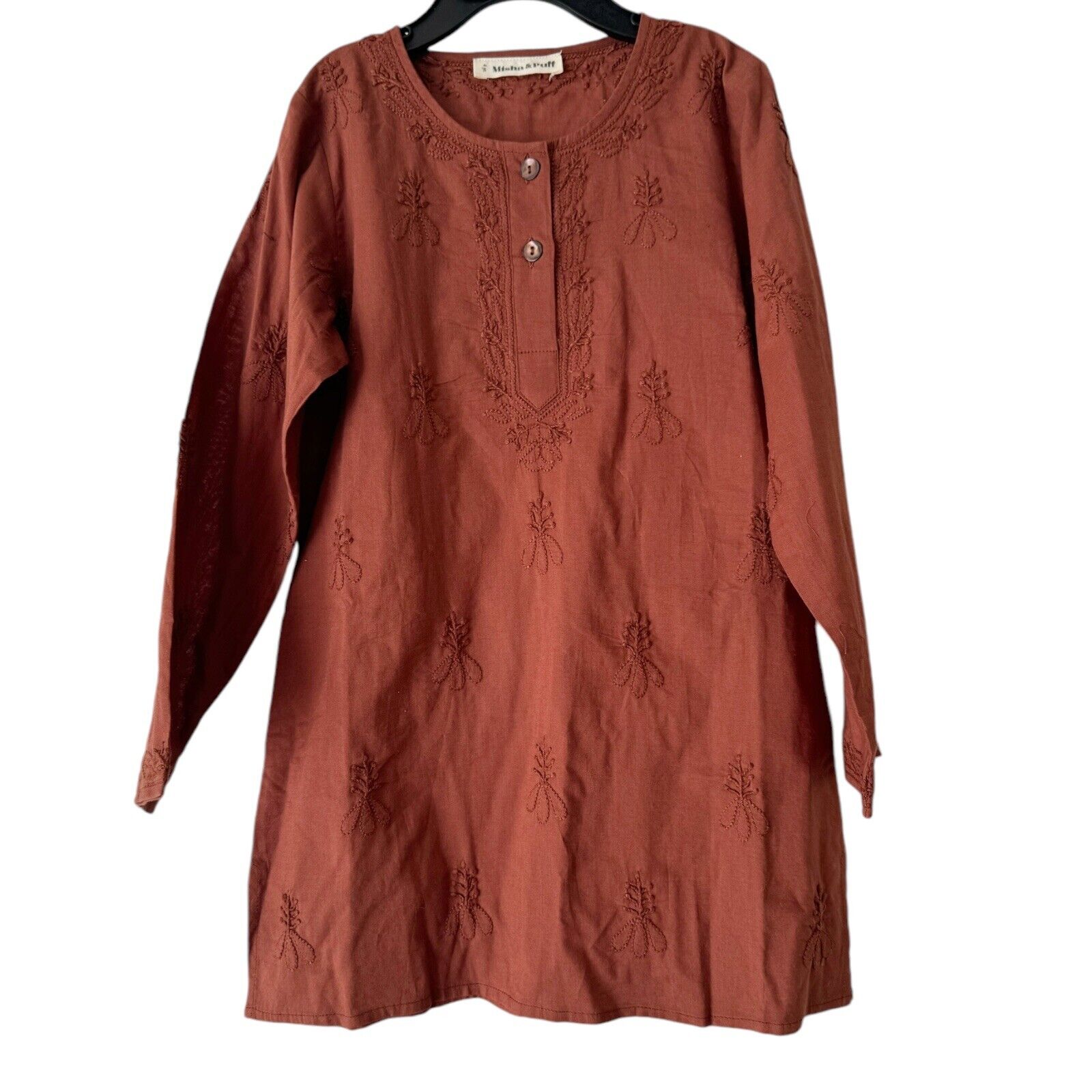 NWOT Misha & Puff Brown Embroidered Kurta Long Sleeve Cotton Dress Sz 4Y