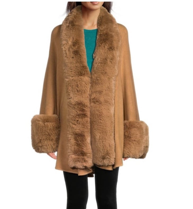 Open front cardigan with shawl collar and faux fur finish