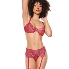 Metallic Stretch Lace Underwire Bra w/Crotchless Garter Panty - Red MD