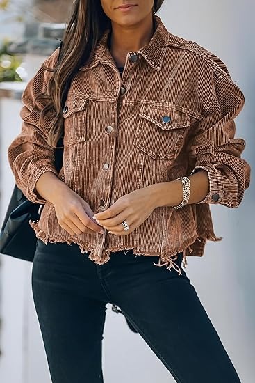 Women's short corduroy jacket, casual button jacket, tassel edged hem