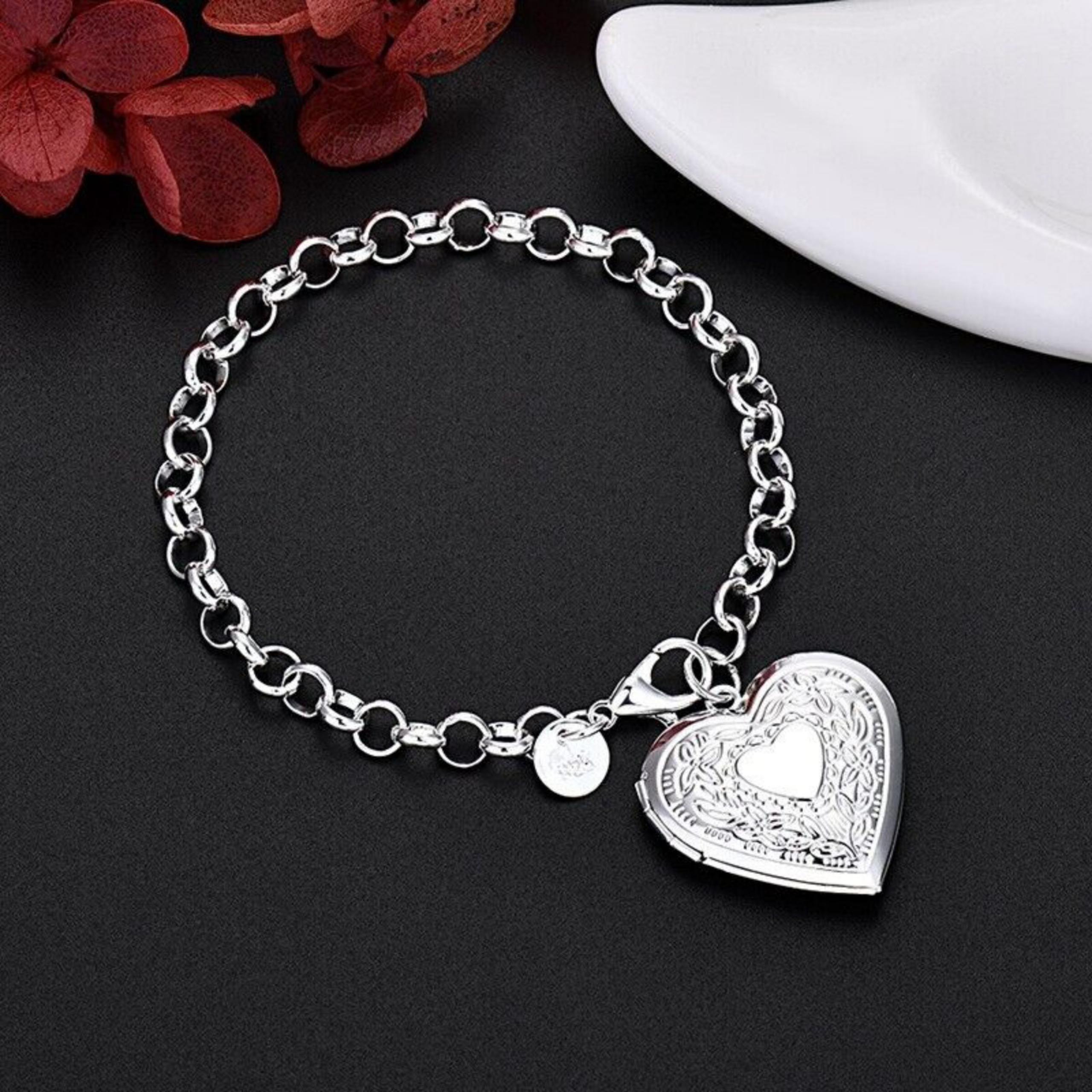 Womens 925 Sterling Silver Heart Locket Pendant Rolo Link Chain Bracelet #MB01